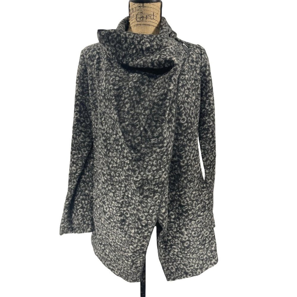 Willi Smith Snow Leopard Print Cardigan Wool Blend Wrap Sweater Coat S